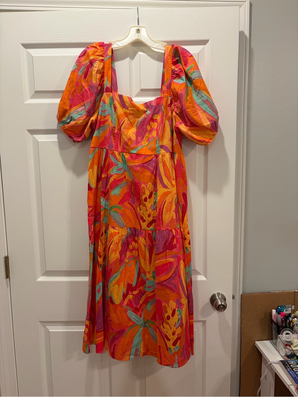 Square-Neck Puff Sleeve Midi Dress in Orange & Pink Floral